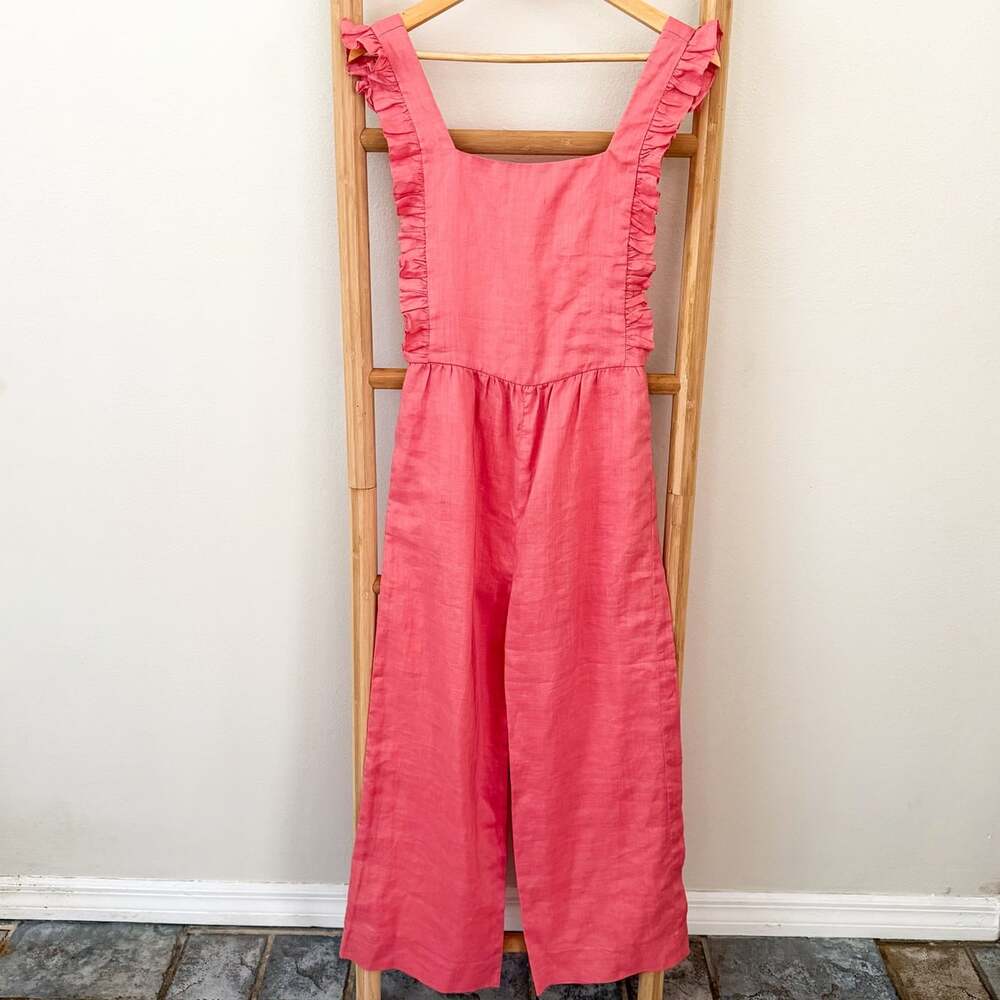 NWOT Charina Sarte Jumpsuit Size XS Pink 100% Linen Ruffle Wide Leg Romper